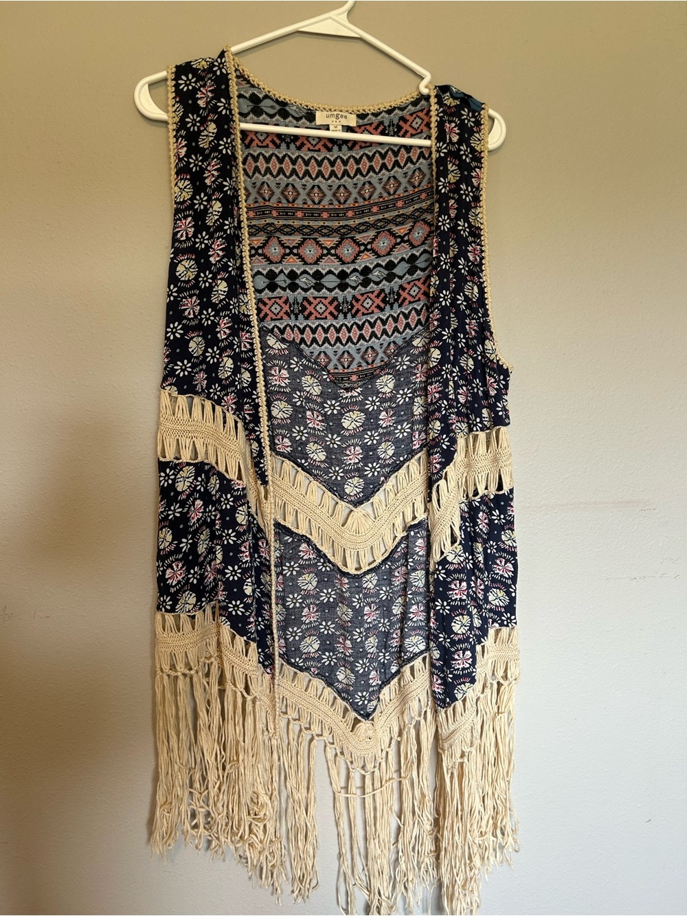 Umgee Navy Floral Fringe Vest with Cream Trim
